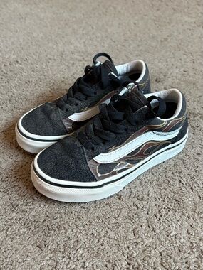Vans Kids Black Sneakers with White Stripe and Flame Detail